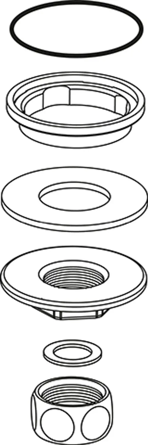 Zeichnung eines Connector-Sets, bestehend aus verschiedenen Bauteilen, einschließlich Ringen und Befestigungselementen, hergestellt von Ideal Standard.